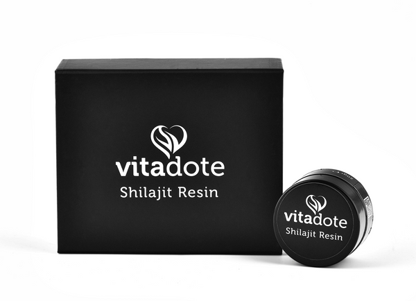 shilajit resin in a nice protected ultra violet glass container and box package
